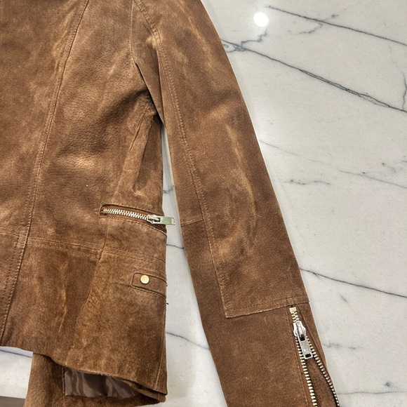 Mango, genuine, leather suede, Moto jacket, gold zippers, tan brown, size medium - Picture 6 of 6